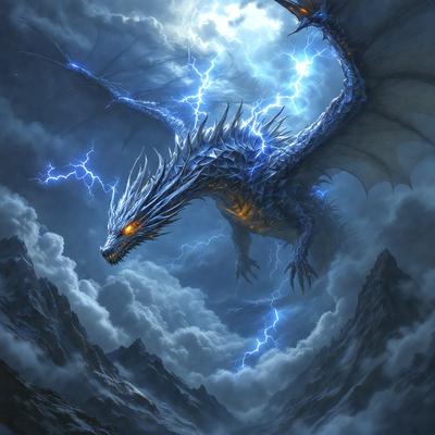 Primary subject: A dragon with a lightning bolt in its mouth.

Setting/background: The dragon is flying through a cloudy sky, with a mountain in the background.

Visual style: The image is a digital art illustration.

Colors and mood: The dragon is blue and orange, with a lightning bolt in its mouth, creating a dramatic and powerful atmosphere.